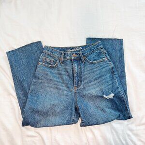 High waisted, wide leg blue jeans